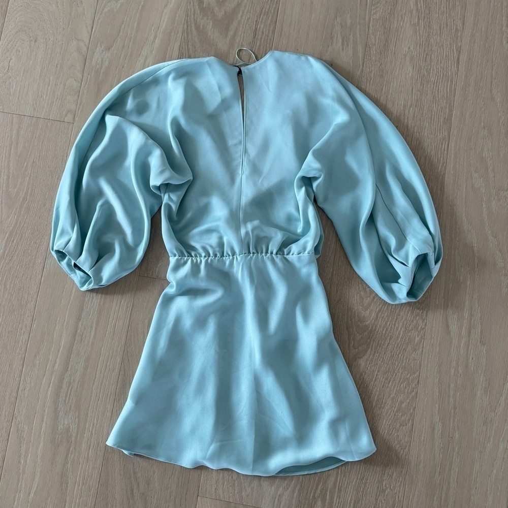 ZARA Blue Satin Wrap Mini Dress Balloon Long Sleeve Belted S - Picture 2 of 5